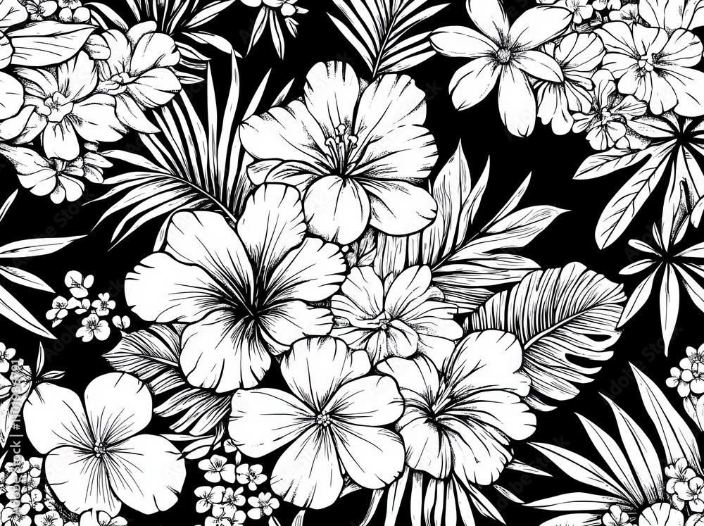 Monochrome foliage and hydrangeas in a seamless design..A continuous pattern featuring black-and-white leaves and hydrangeas..Seamlessly integrated, the pattern showcases monochrome leaves and Monochrome foliage and hydrangeas in a seamless design..A continuous pattern featuring black-and-white leaves and hydrangeas..Seamlessly integrated, the pattern showcases monochrome leaves and