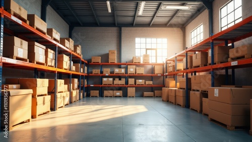 A functional warehouse mockup featuring shelves and logistics setups