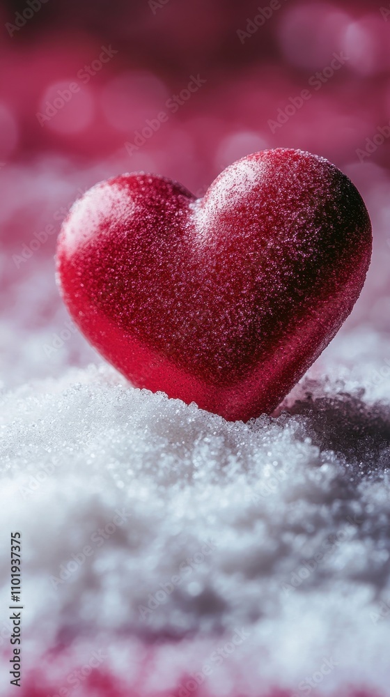 A Red Heart Covered in Sparkling Frost on a Bed of White Crystals Romantic Winter Love Scene A Red Heart Covered in Sparkling Frost on a Bed of White Crystals Romantic Winter Love Scene