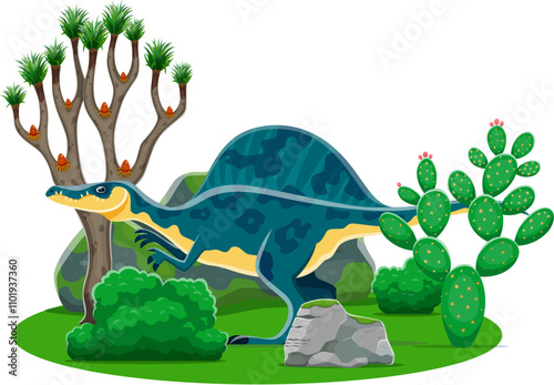 Oxalaia prehistoric dinosaur character in natural landscape with rock, tree and cacti. Isolated cartoon vector ancient carnivore reptile animal with crest on its back, lived in Late cretaceous era