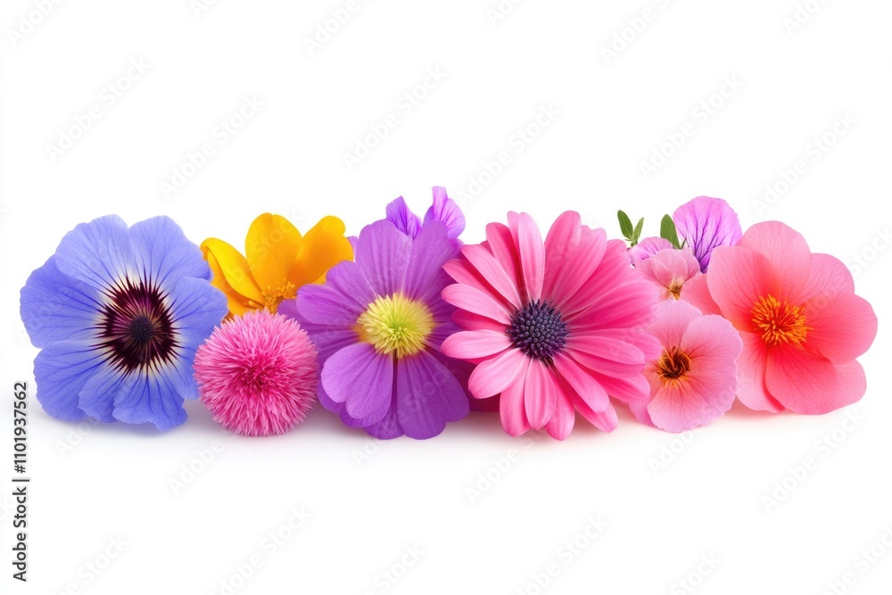 A collection of variously colored flowers arranged on a clean white surface A collection of variously colored flowers arranged on a clean white surface