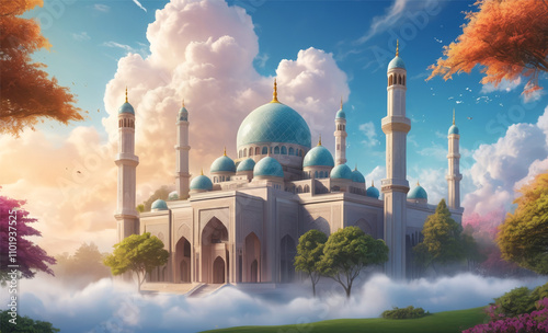 3d mosque design with colorful colors