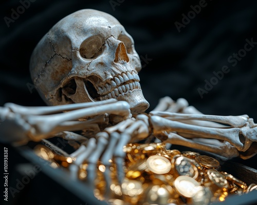 Skeleton pirate sitting on a treasure chest, with a cursed aura surrounding it, stock photo style photo