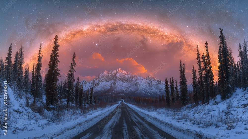 A serene winter landscape with mountains, a road, and a starry sky. A serene winter landscape with mountains, a road, and a starry sky.