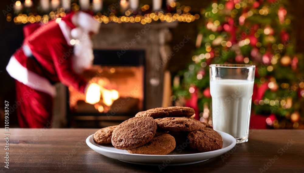A close up view of a plate of cookies with a cup of milk with blurred Christmas background; a plate of cookies and milk left out on the table for Santa on Christmas; Christmas photography; xmas season A close up view of a plate of cookies with a cup of milk with blurred Christmas background; a plate of cookies and milk left out on the table for Santa on Christmas; Christmas photography; xmas season