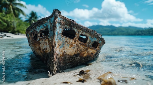 Explorers discovering a long-lost shipwreck on the island coast, stock photo style