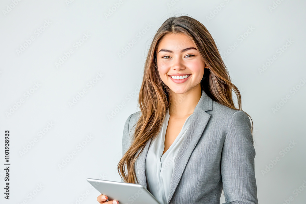Photograph of a young, smiling business woman holding a tablet on a white background, looking at the camera, wearing a gray suit and blouse with long Photograph of a young, smiling business woman holding a tablet on a white background, looking at the camera, wearing a gray suit and blouse with long