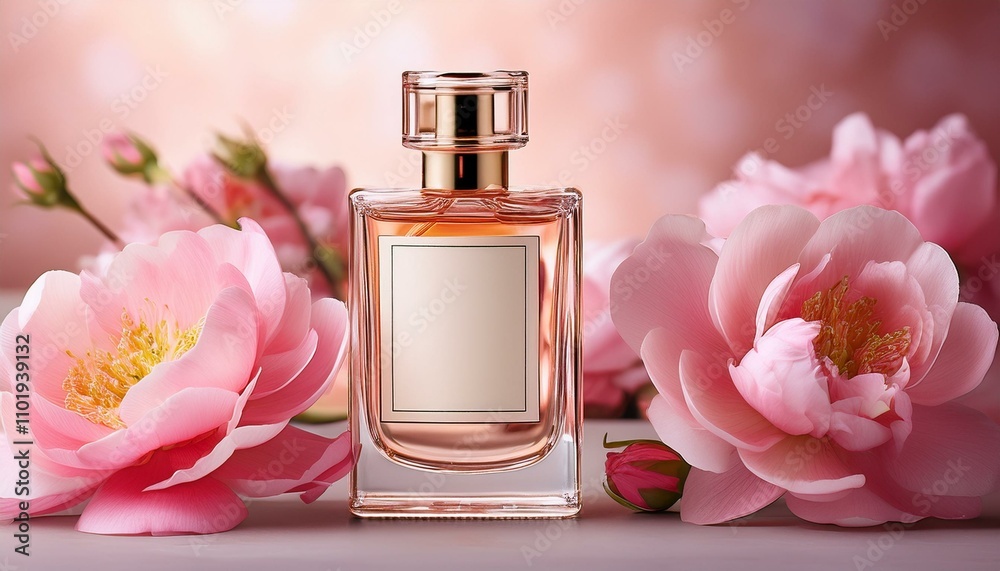 A mock up blank label bottle of perfume and flower background; bottle of perfume in a mock up setting with a blank bottle; close up view of a bottle of perfume with flower surroundings; mock up bottle A mock up blank label bottle of perfume and flower background; bottle of perfume in a mock up setting with a blank bottle; close up view of a bottle of perfume with flower surroundings; mock up bottle
