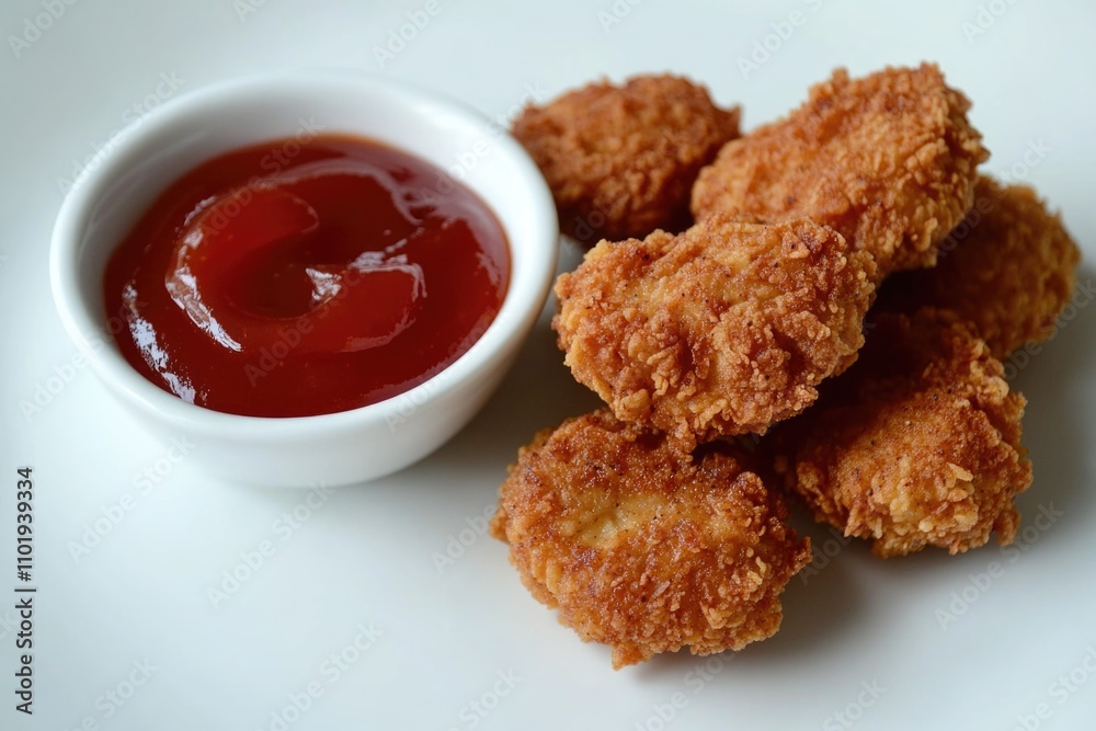 A plate of crispy fried chicken nuggets served with a side of ketchup for dipping A plate of crispy fried chicken nuggets served with a side of ketchup for dipping