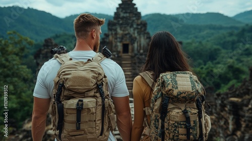 Treasure hunters stumbling upon ancient ruins while searching for the hidden chest, stock photo style