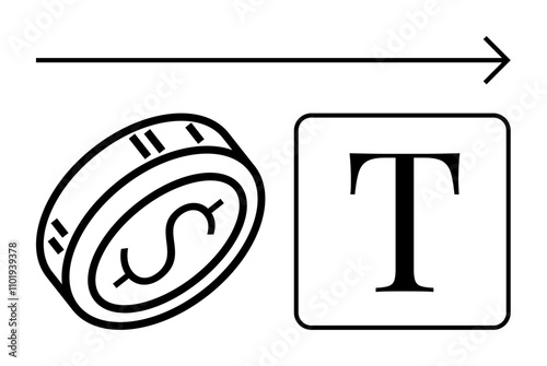 Coin with dollar sign, text box with letter T, and arrow pointing right. Ideal for finance, economics, investment, trading, content creation digital marketing and business growth. Line metaphor