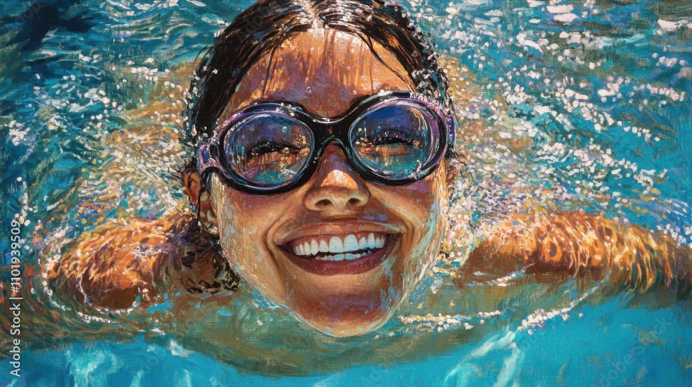 Naklejka premium Happy woman submerged in a shimmering pool, smiling with goggles on as she enjoys a carefree summer swim.