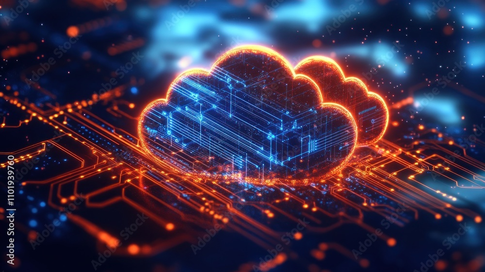 A glowing cloud computing symbol sits on a circuit board, representing data storage and processing in the cloud. A glowing cloud computing symbol sits on a circuit board, representing data storage and processing in the cloud.