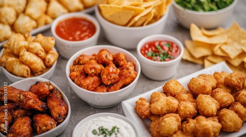 A vibrant spread of party snacks including wings, nachos, mini pastries, and fried bites, served with various dipping sauces.