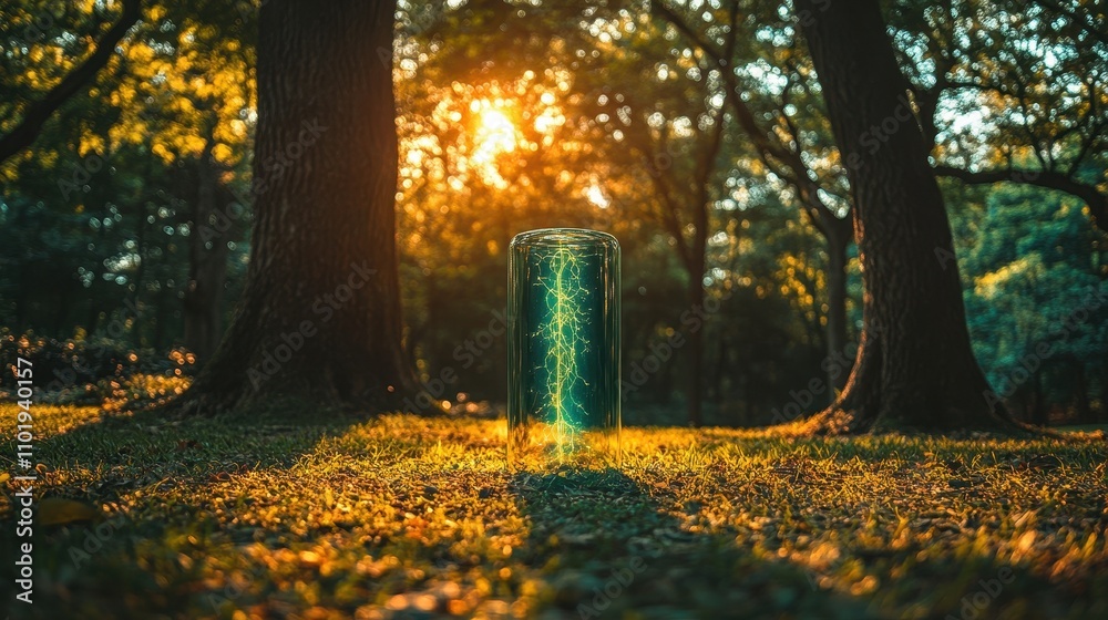 Obraz premium Dynamic light display enchanted forest nature scene tranquil environment low angle energy concept