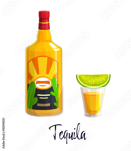 Mexican Tequila alcohol bottle and shot glass with a lime wedge. Vector glass flask of traditional Mexican alcohol drink featuring label with agave cactus evokes fun, celebration and spirit of Mexico