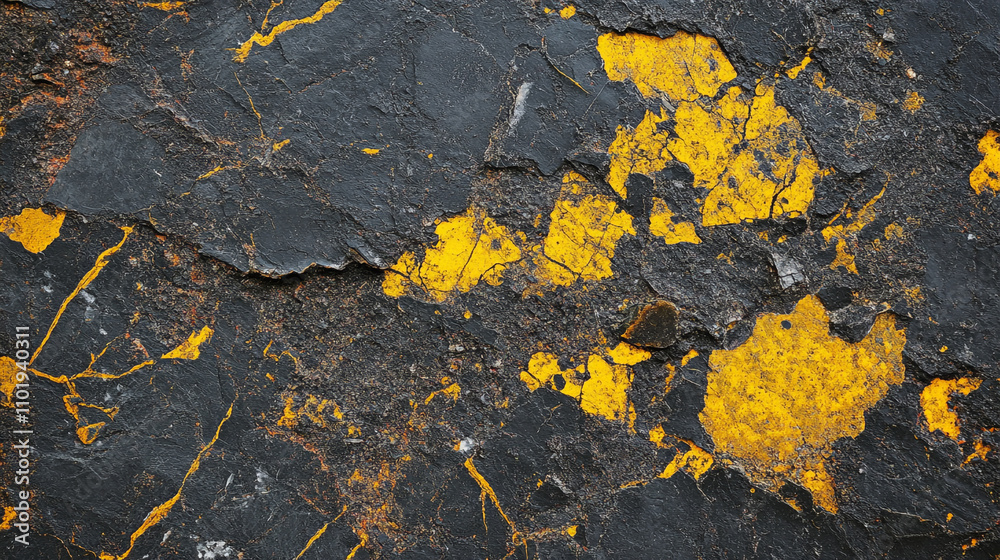 Abstract texture of black and yellow rock surface with natural patterns and contrasts