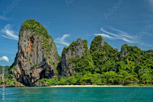 Railay Beach Krabi Thailand, the tropical beach of Railay Krabi. Travel to islands and beaches in Thailand	 photo