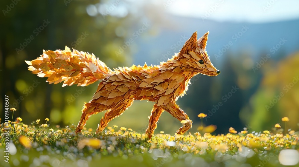 Obraz premium Autumn Fox Running Through a Vibrant Forest Landscape