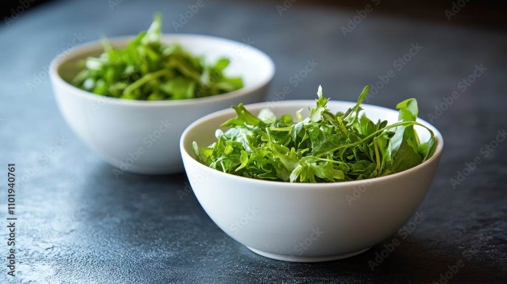 Fresh Arugula Salad in White Bowls Ready To Eat Fresh Arugula Salad in White Bowls Ready To Eat