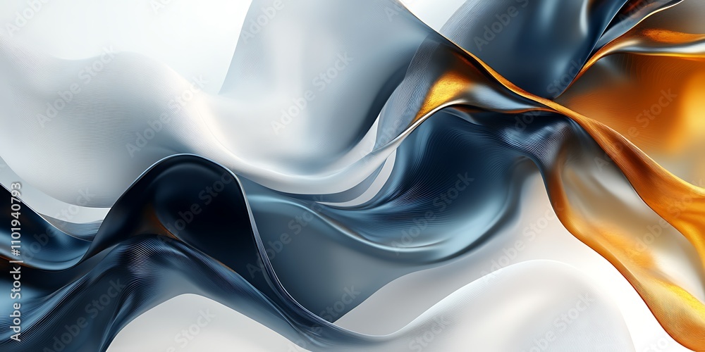 Obraz premium Abstract flowing fabric in gold, blue, and white.