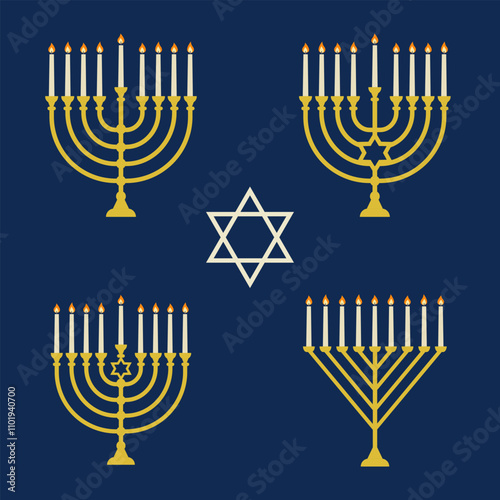 The Menorah is a symbol of the Jewish holiday of Hanukkah. A traditional candlestick with burning candles. Vector isolated illustration