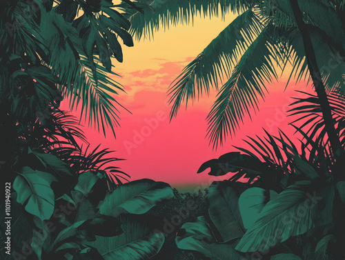 Bright fuchsia and dark green tropical sunset, ideal for creating an exotic and vibrant tropical experience