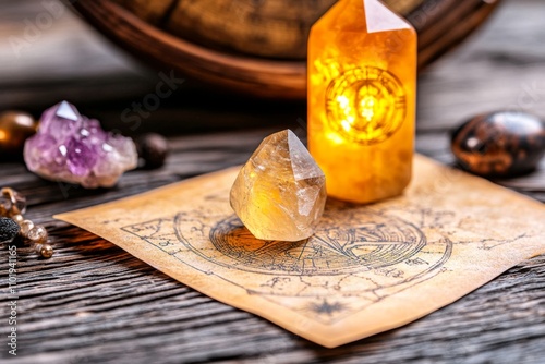 An astrologer workspace with a pendulum, glowing crystals, and a beautifully illustrated zodiac scroll