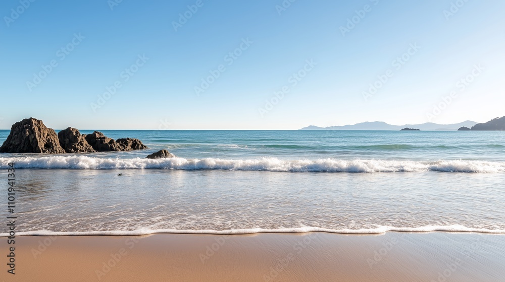 Calm seaside view with gentle waves and distant mountains during sunny day Calm seaside view with gentle waves and distant mountains during sunny day