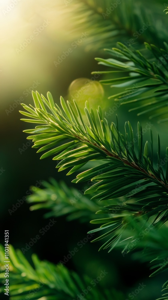 Close-up of vibrant green pine needles illuminated by soft sunlight in a forest setting Close-up of vibrant green pine needles illuminated by soft sunlight in a forest setting
