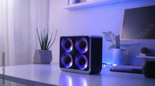 Four-fan multimedia speaker system illuminates a clean home office desk beside a computer monitor for gadget reviews.