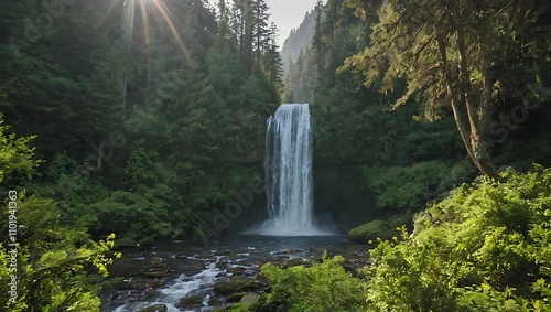 Majestic Waterfall in Lush Green Forest 