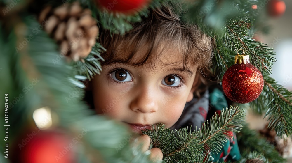 A young child curiously peeks through lush evergreen branches adorned with bright red ornaments, capturing the wonder and excitement of the festive holiday season. A young child curiously peeks through lush evergreen branches adorned with bright red ornaments, capturing the wonder and excitement of the festive holiday season.