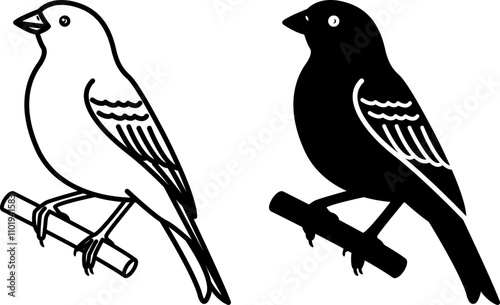 Canary Icons. Black and White Vector Illustrations. Bird. For Coloring Book Design. Domestic Animals Concept