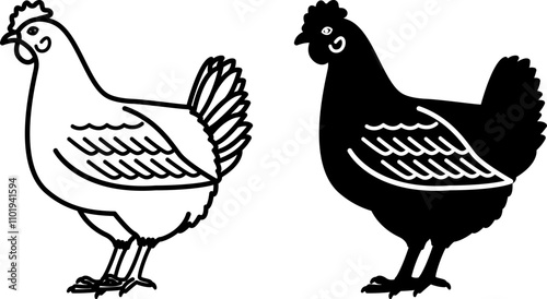 Chicken Icons. Black and White Vector Illustrations. Bird, Laying Hen. Agriculture, Farming. For Coloring Book Design. Domestic Animals Concept