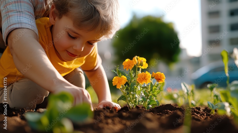 A young child is gently tending to vibrant yellow flowers in a sunny garden, showcasing the joys of gardening and childhood exploration in a lively outdoor setting. A young child is gently tending to vibrant yellow flowers in a sunny garden, showcasing the joys of gardening and childhood exploration in a lively outdoor setting.
