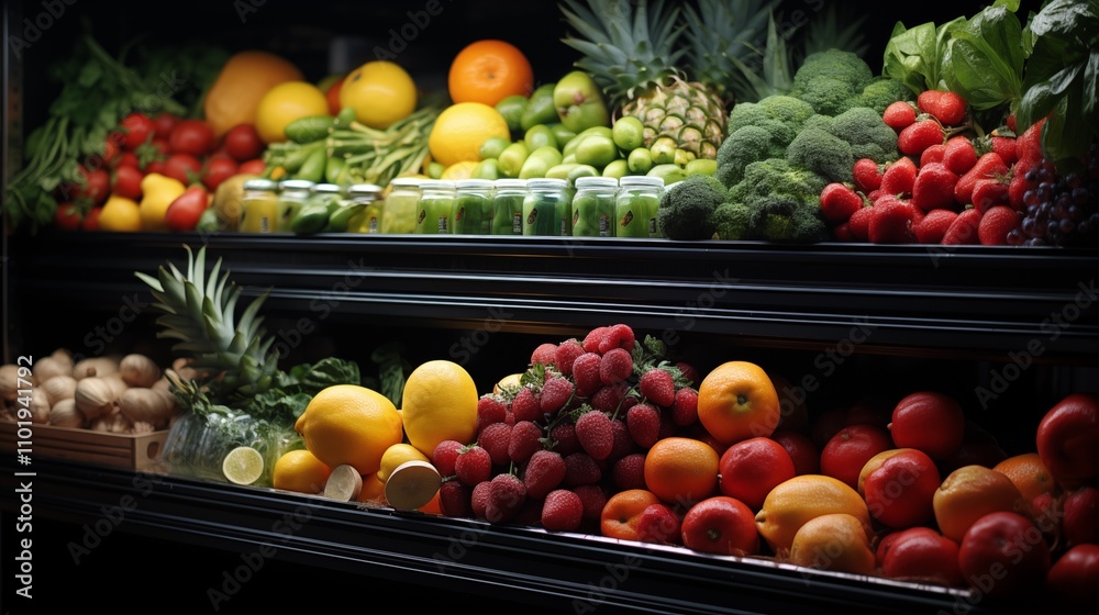 A detailed view of a refrigerated shelf in a supermarket, packed with a diverse selection of fruits and vegetables, emphasizing freshness and color. A detailed view of a refrigerated shelf in a supermarket, packed with a diverse selection of fruits and vegetables, emphasizing freshness and color.