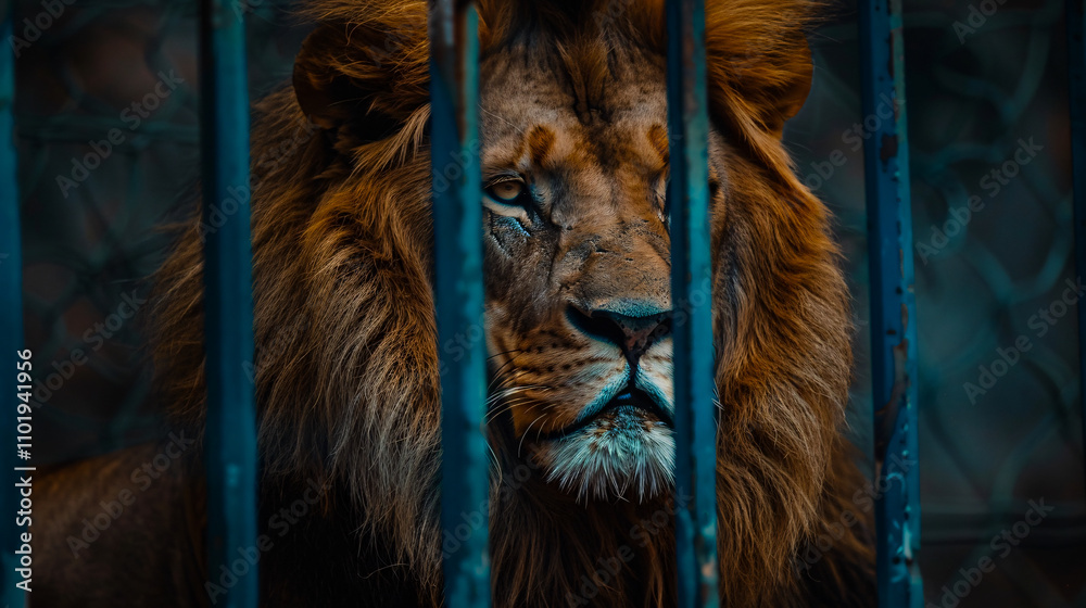 Naklejka premium Endangered lion in captivity, African wildlife behind bars, Panthera leo, looking at its habitat.