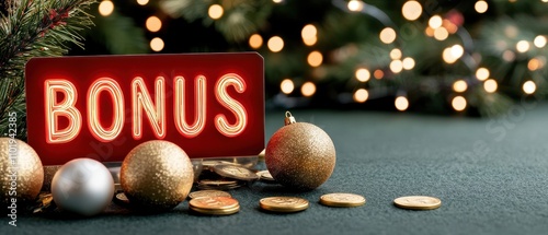 Christmas Bonus, Red Neon Sign with Gold Ornaments and Coins