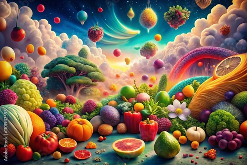 Surreal Representation of Soluble and Insoluble Fiber Benefits in a Dreamlike Landscape with Colorful Fruits and Vegetables Emphasizing Health and Wellbeing photo