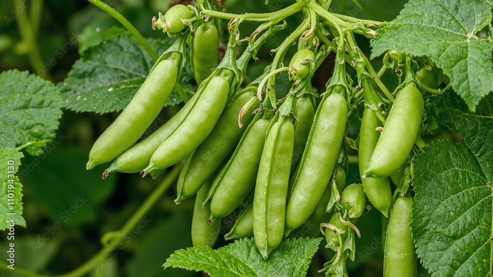 Fresh green peas in pods on the vine surrounded by lush leaves Fresh green peas in pods on the vine surrounded by lush leaves