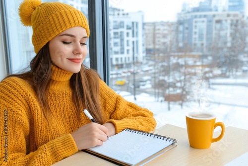 Artist sketching in a notebook at a cozy cafÃ©, with a cup of coffee steaming beside them and an inspiring view through the window photo