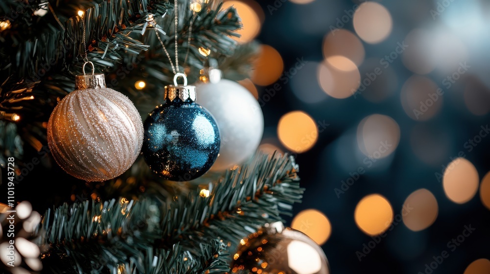 The image displays an up-close view of shimmering Christmas ornaments hanging on a tree branch, featuring a stunning mix of colors and reflecting festive joy and warmth. The image displays an up-close view of shimmering Christmas ornaments hanging on a tree branch, featuring a stunning mix of colors and reflecting festive joy and warmth.