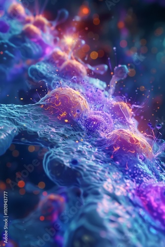 A futuristic medical animation showing nanomachines repairing damaged tissue, highlighting the potential of nanotechnology in regenerative medicine