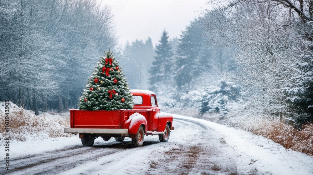Nostalgic red truck braves a snowy countryside road with a beautifully decorated Christmas tree in tow, symbolizing holiday cheer. Nostalgic red truck braves a snowy countryside road with a beautifully decorated Christmas tree in tow, symbolizing holiday cheer.