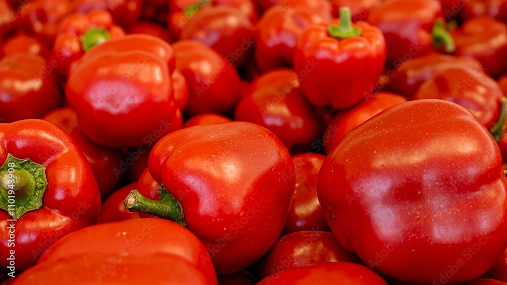 Fresh red bell peppers with glossy skin and green stems showcasing their juiciness and freshness Fresh red bell peppers with glossy skin and green stems showcasing their juiciness and freshness