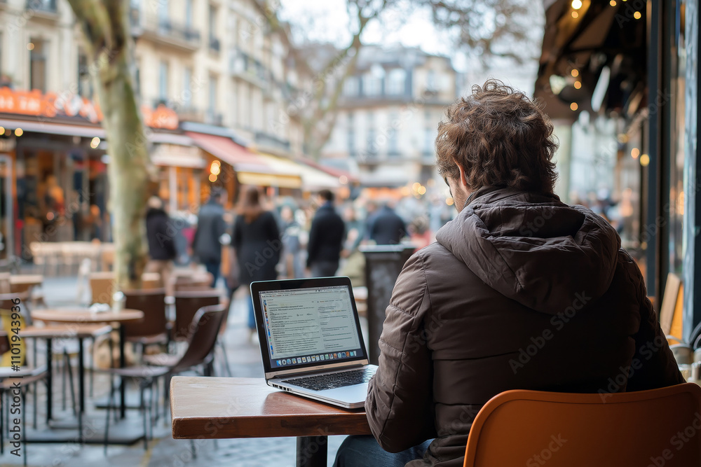 Remote worker sitting at a cafe in a bustling European city square, working on a laptop as people pass by. Remote worker sitting at a cafe in a bustling European city square, working on a laptop as people pass by.