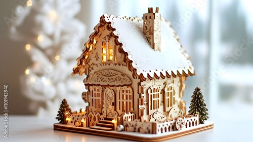 Enchanted Winter Village: A charming wooden gingerbread house, adorned with snowy details, glows with warm lights amidst a festive backdrop.