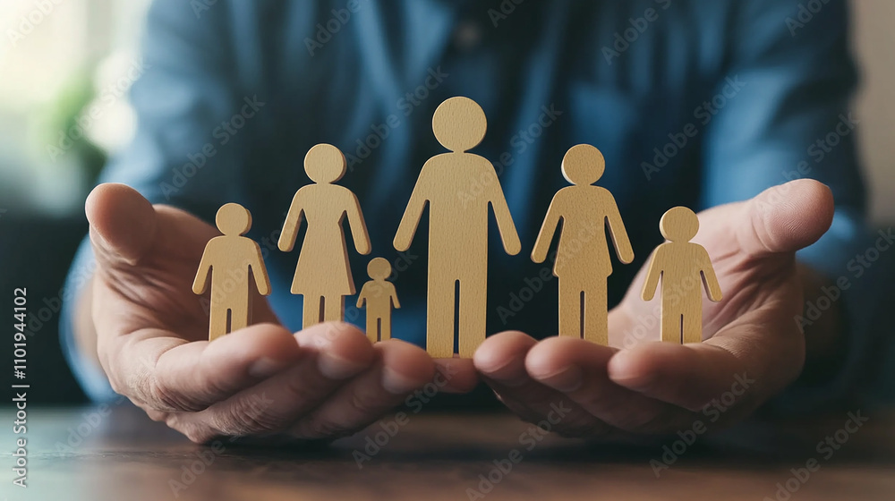 The businessman uses the blocks to outline how life assurance secures financial stability for families. The businessman uses the blocks to outline how life assurance secures financial stability for families.