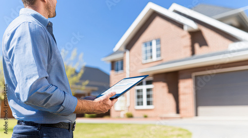 A man is holding a tablet in front of a house
